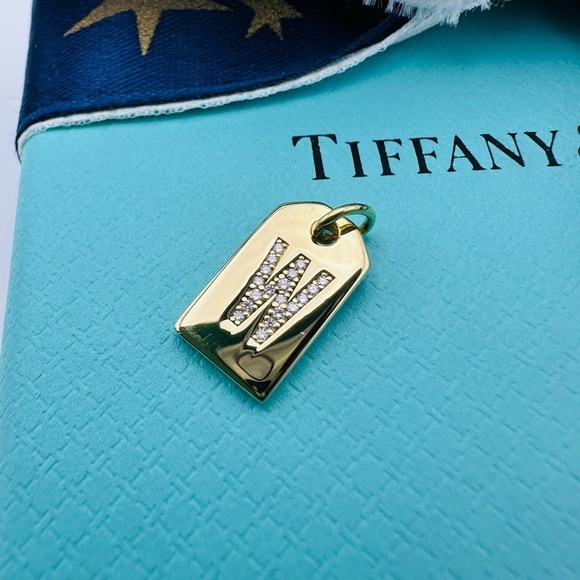RARE Tiffany & Co. 18K Yellow Gold Diamond Letter W Rectangular Tag Charm - Picture 3 of 9